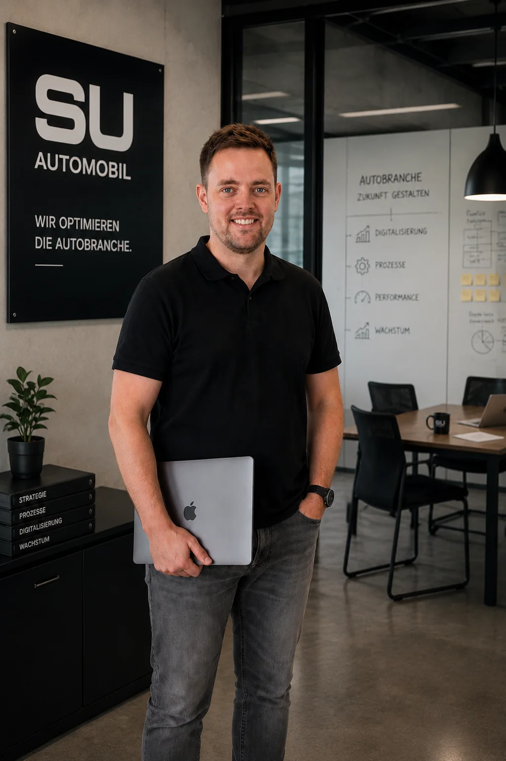 Julian Haase, Gründer von systemunternehmer.com, im Büro vor dem SU-Automobil-Branding.