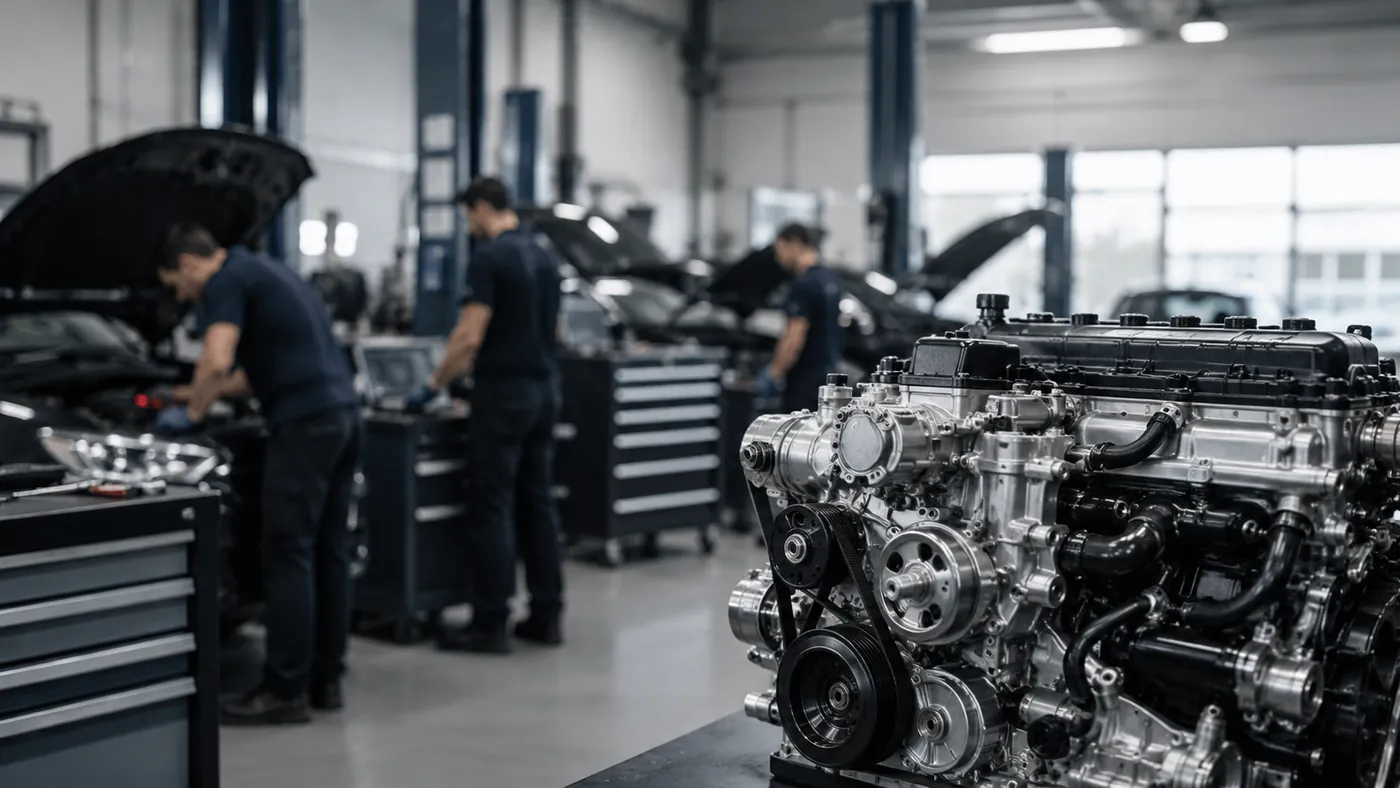 Mechaniker in einer modernen Auto-Werkstatt in Deutschland arbeiten an Fahrzeugen, im Vordergrund ein zerlegter Motorblock auf der Werkbank.